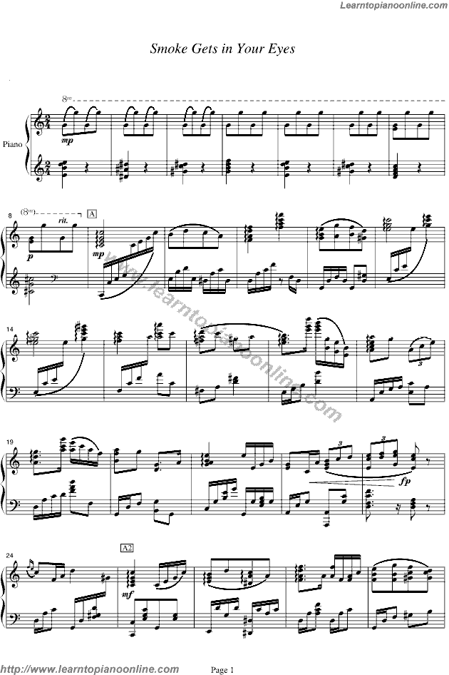 Smoke gets in your eyes by Broadway Piano Sheet Music Free