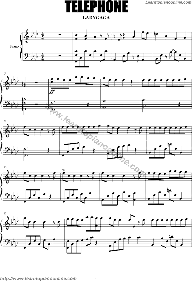 Lady Gaga - Telephone Free Piano Sheet Music Chords Tabs Notes Tutorial Score