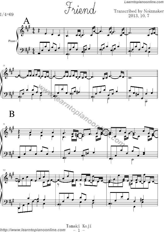 Koji Tamaki - Friend( solo piano version ) Piano Sheet Music Free