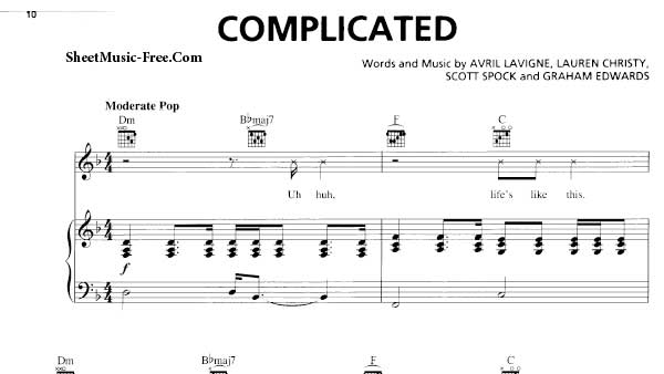 Complicated - Avril Lavigne PDF Free Piano Sheet Music ...