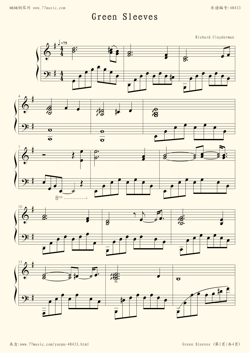 Green Sleeves - Richard Clayderman - Flash Version2 Piano Sheet Music Free