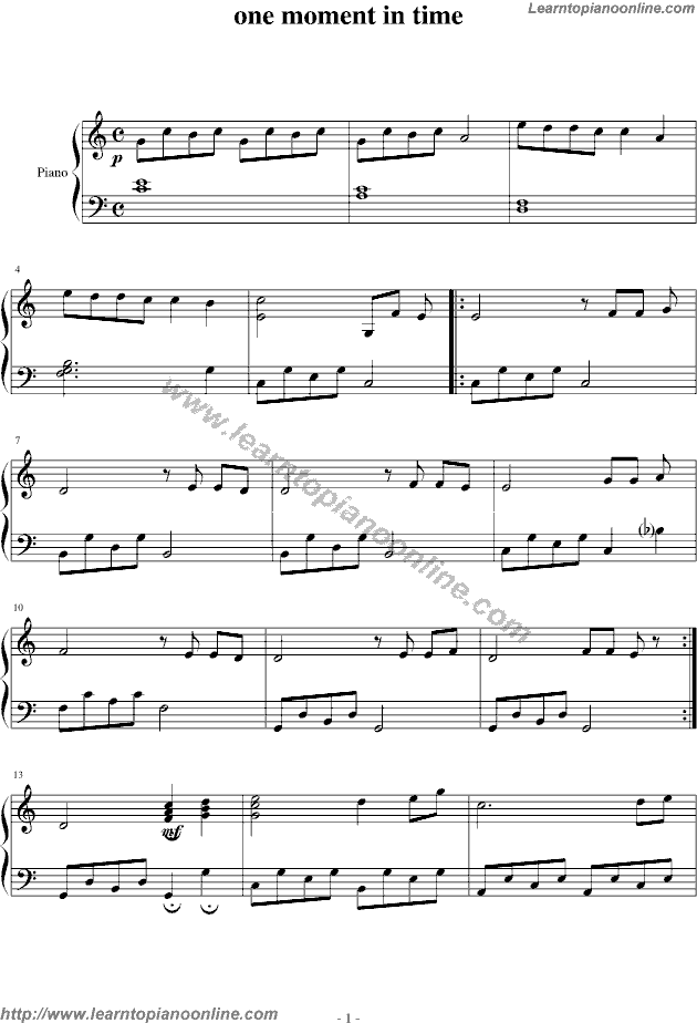 One Moment In Time by Whitney Houston Piano Sheet Music Free