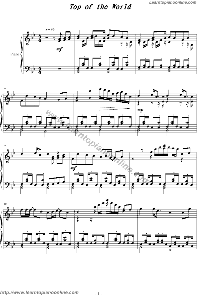Top of the World by The Carpenters Free Piano Sheet Music