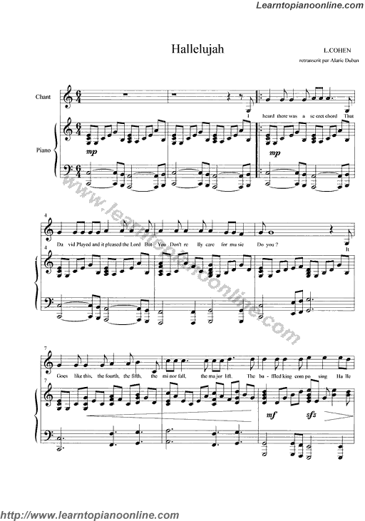 Hallelujah from Shrek by Rufus Wainwright Free Piano Sheet Music