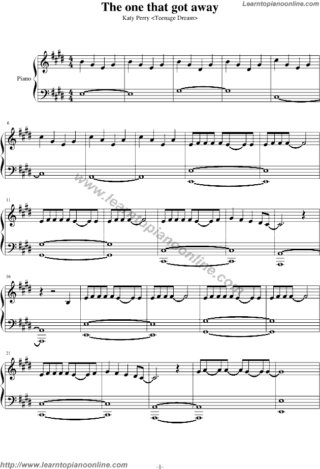 The One That Got Away by Katy Perry Free Piano Sheet Music ...