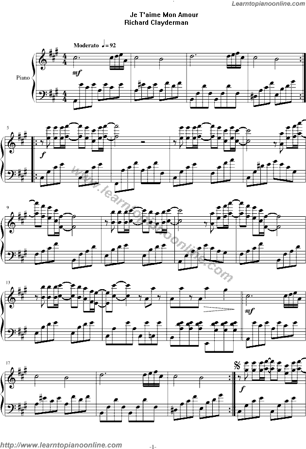 Je T'aime Mon Amour - Richard Clayderman Free Piano Sheet ...